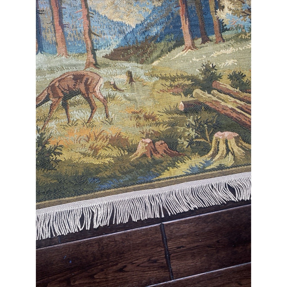Vintage Deer Forrest Cabin Wall Hanging Tapestry 53 x 25" Hunting Scene - Picture 6 of 16